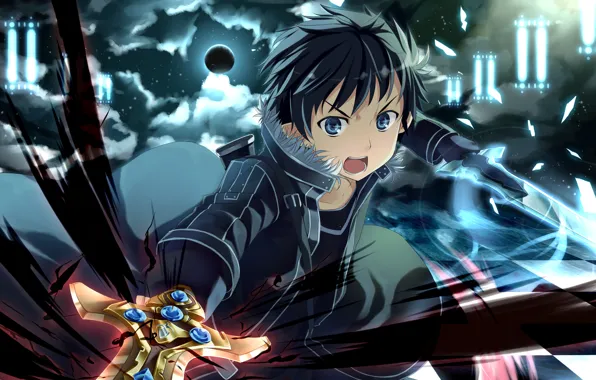 Picture abstraction, weapons, the moon, sword, art, guy, checkerboard, Sword Art Online
