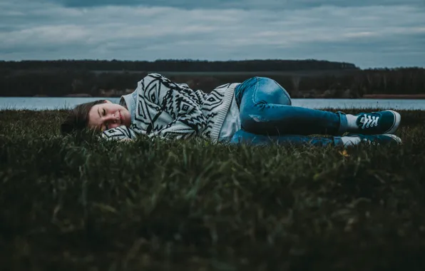 Picture autumn, grass, girl, sleeping, lies, river, Anna Klepa