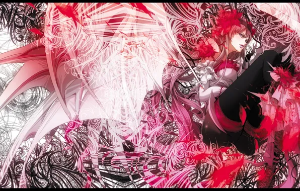 Picture girl, line, circles, magic, pattern, blood, wings, pink hair