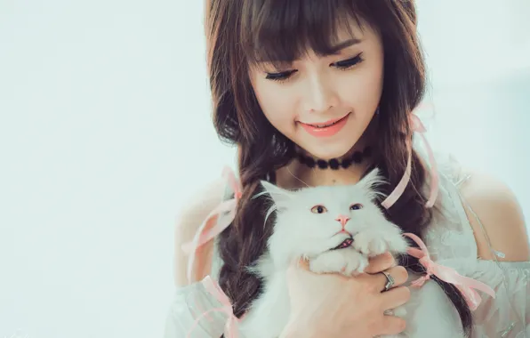 Picture cat, cat, girl, smile, mood, Asian