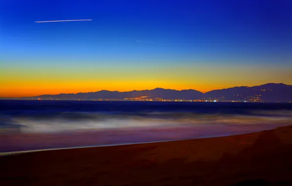Picture sea, the sky, mountains, the city, lights, the evening, USA, Santa Monica