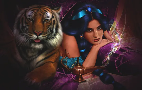Picture girl, tiger, tale, anime, disney, Jasmine, Aladdin (Disney), Aladin, Jasmine (Aladdin)