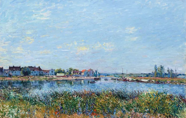 Picture the sky, clouds, the city, river, thickets, picture, Alfred Sisley