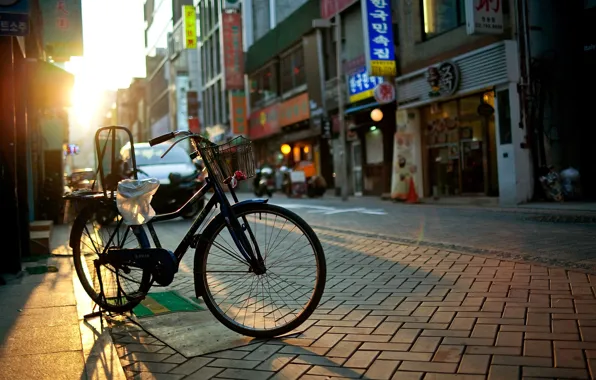 Picture the sun, rays, bike, the city, street, road, home, morning, signs, the sidewalk, stores, funiture