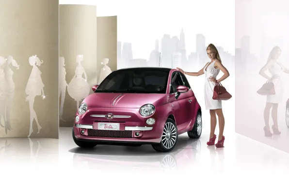 Picture girl, Machine, in white, Fiat 500, pink car