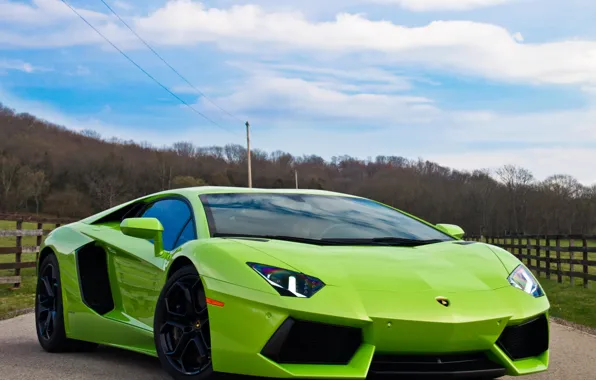 Picture road, auto, the sky, green, green, supercar, LP700-4, Lamborghini Aventador