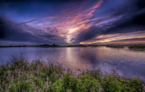 Picture the sky, grass, sunset, river, shore, the evening, glow