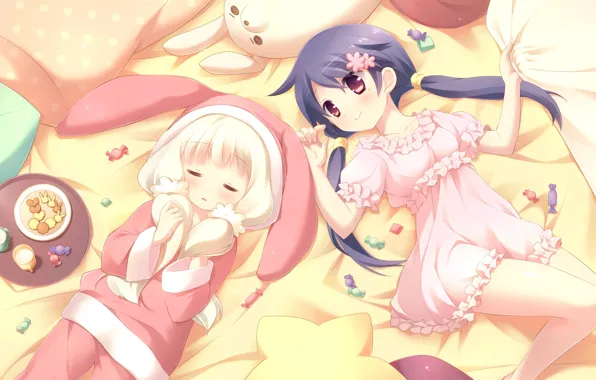Picture girl, toy, bed, anime, rabbit, milk, cookies, candy, heart, sweet, loli