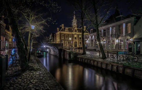 Picture night, bridge, home, channel, Netherlands, Edam