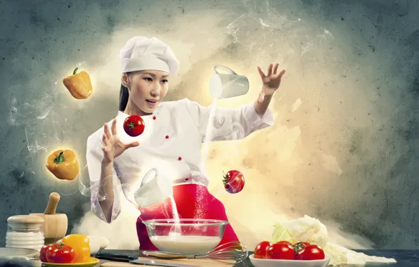 Picture girl, creative, milk, cook, vegetables, tomatoes, flour, pepper, cooking