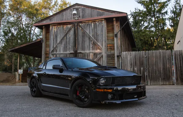 Picture road, house, the fence, Mustang, Ford, Mustang, the barn, Ford, 2009, BlackJack, Roush Stage 3