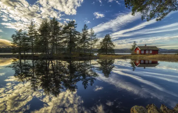 Picture clouds, trees, lake, house, reflection, Norway, Norway, RINGERIKE, Ringerike