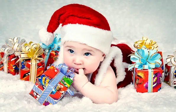 Picture holiday, costume, gifts, child, cap, box, blue-eyed
