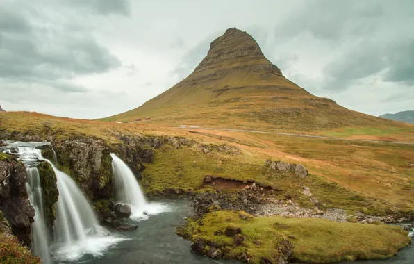 Picture the sky, clouds, mountain, waterfall, Iceland, Kirkjufell