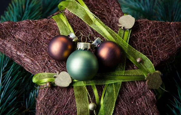 Picture balls, green, holiday, star, New Year, Christmas, decoration, brown
