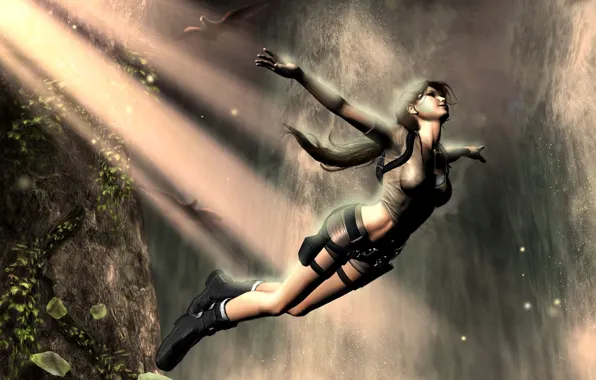 Picture girl, birds, rock, fiction, jump, waterfall, Tomb Raider, Lara Croft