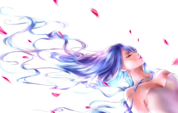 Picture girl, hair, anime, art, rose petals