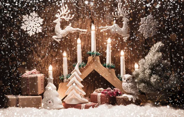 Picture snowflakes, toys, candles, deer, Merry Christmas