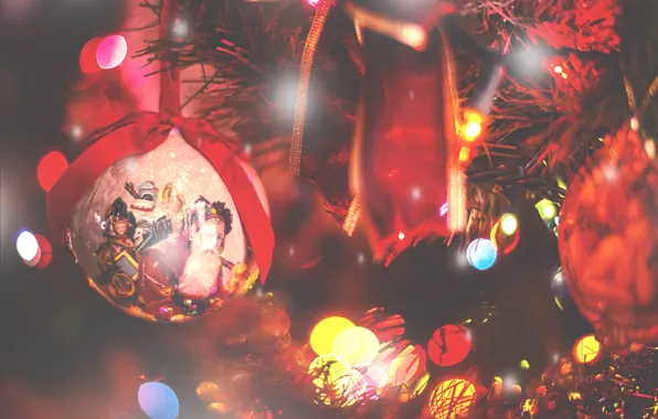 Picture holiday, ball, lights, tape, tree, decoration, bokeh, Christmas