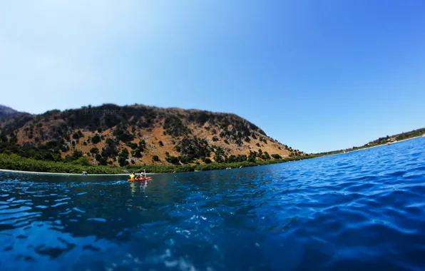 Picture lake, mountain, Greece, tilt-shift, dobraatebe, Crete, kayak