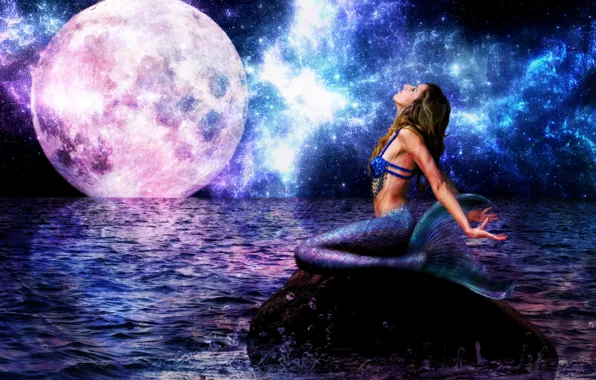 Picture sea, wave, look, girl, night, fiction, mermaid, tail, big moon