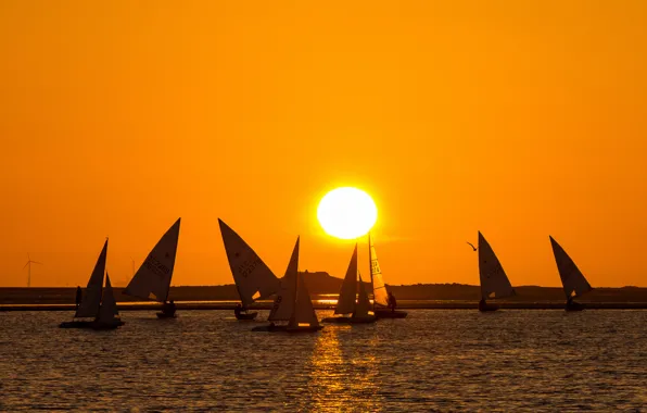 Picture the sky, the sun, sunset, lake, boat, yacht, sail