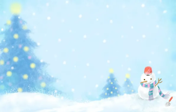Picture winter, snow, lights, new year, scarf, bucket, snowman, tree, blade, snowman