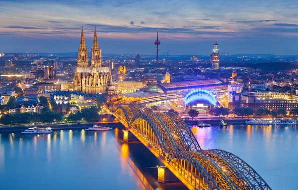 Picture the sky, night, bridge, lights, river, tower, station, Germany, Cathedral, Cologne