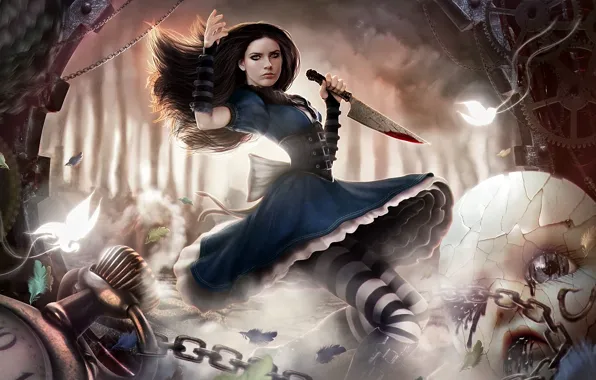 Picture forest, butterfly, movement, blood, watch, mechanism, doll, feathers, Alice, knife, chain, Alice Madness Returns