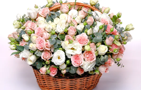 Picture basket, roses, bouquet, gentle, Rose, beautiful, lovely, basket, eustoma, chic, wicker