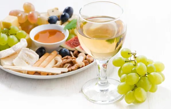 Picture wine, glass, cheese, honey, grapes, nuts, figs