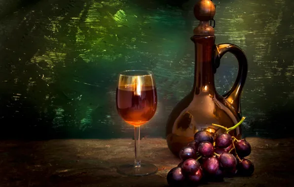 Picture glass, bottle, grapes, bunch, Still life