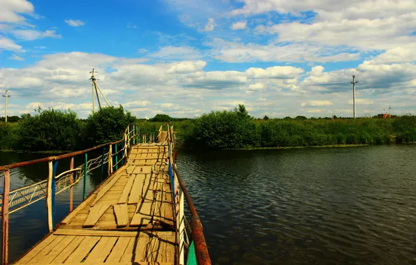 Picture greens, the sky, water, river, vegetation, Bridge, Kokshaga
