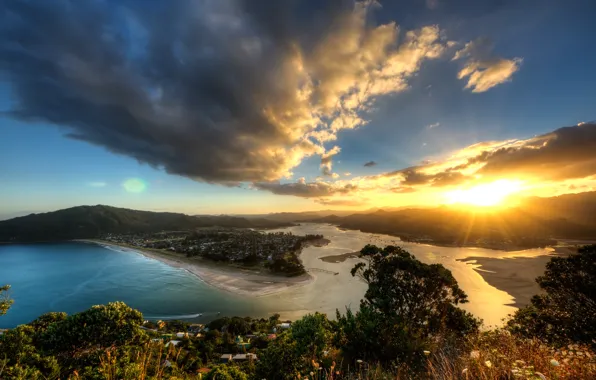 Picture the sun, rays, sunset, view, height, the evening, New Zealand, panorama