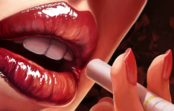 Picture macro, Shine, hand, lipstick, art, cigarette, lips, red, nails, lacquer