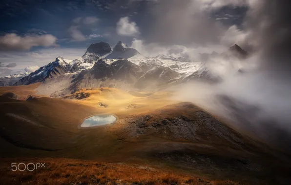 Picture clouds, mountains, fog, lake, rocks, valley