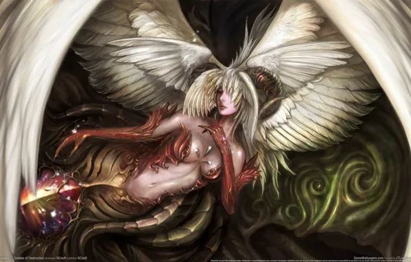 Picture girl, magic, patterns, wings, fantasy, horns, girl, fantasy, magic, wings, game wallpapers, goddess of destruction, …