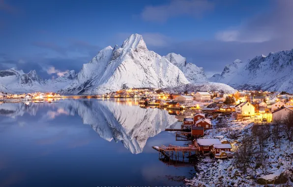 Picture Islands, mountains, rocks, village, Winter, winter Paradise