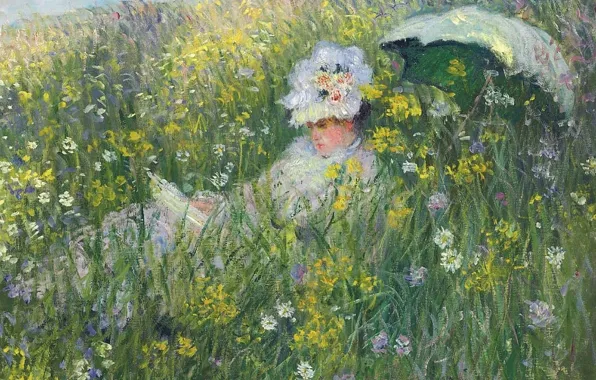 Picture grass, girl, flowers, nature, picture, umbrella, Claude Monet, In The Meadow