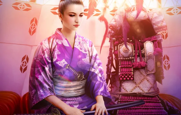 Picture girl, sword, katana, art, armor, kimono, mario wibisono, legend of the five rings, debt chikako