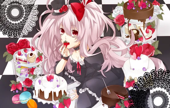 Picture girl, flowers, heart, roses, hat, anime, cookies, strawberry, art, plug, bow, cakes, cakes, aonoe