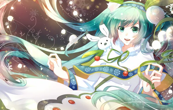 Picture winter, girl, joy, flowers, hare, anime, art, vocaloid, lilies of the valley, yuki miku, phino, …