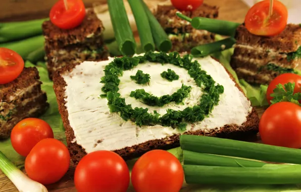 Picture greens, oil, bow, bread, tomatoes, smiley