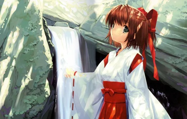 Picture stones, waterfall, girl, kimono, priestess, red ribbon, by Ueda Ryou