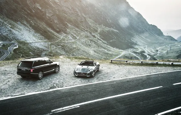 Picture car, mountains, range rover, jaguar f-type