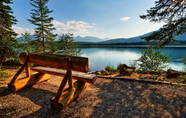 Picture bench, The sky, Lake, Canada, Jasper, Alberta