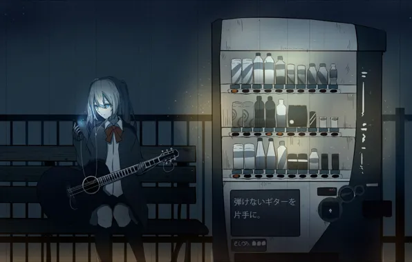 Picture girl, light, guitar, anime, headphones, art, machine, wire, vocaloid, hatsune miku