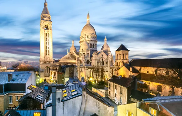 Picture lights, France, Paris, home, the evening, roof, temple, Montmartre