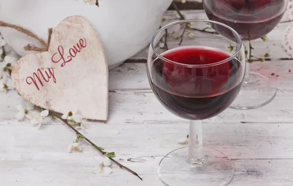 Picture table, wine, red, glasses, heart