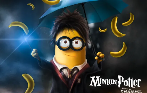 Picture fantasy, school uniform, yellow, umbrella, movie, Harry Potter, funny, glasses, film, Minions, bananas, Minion, parody, …